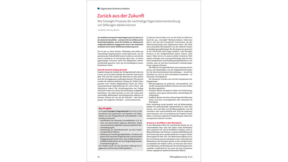 Beitrag in Stiftung&Sponsoring 1/2022: Wie Foresight-Prozesse die nachhaltige Organisationsentwicklung von Stiftungen stärken können (Preview)